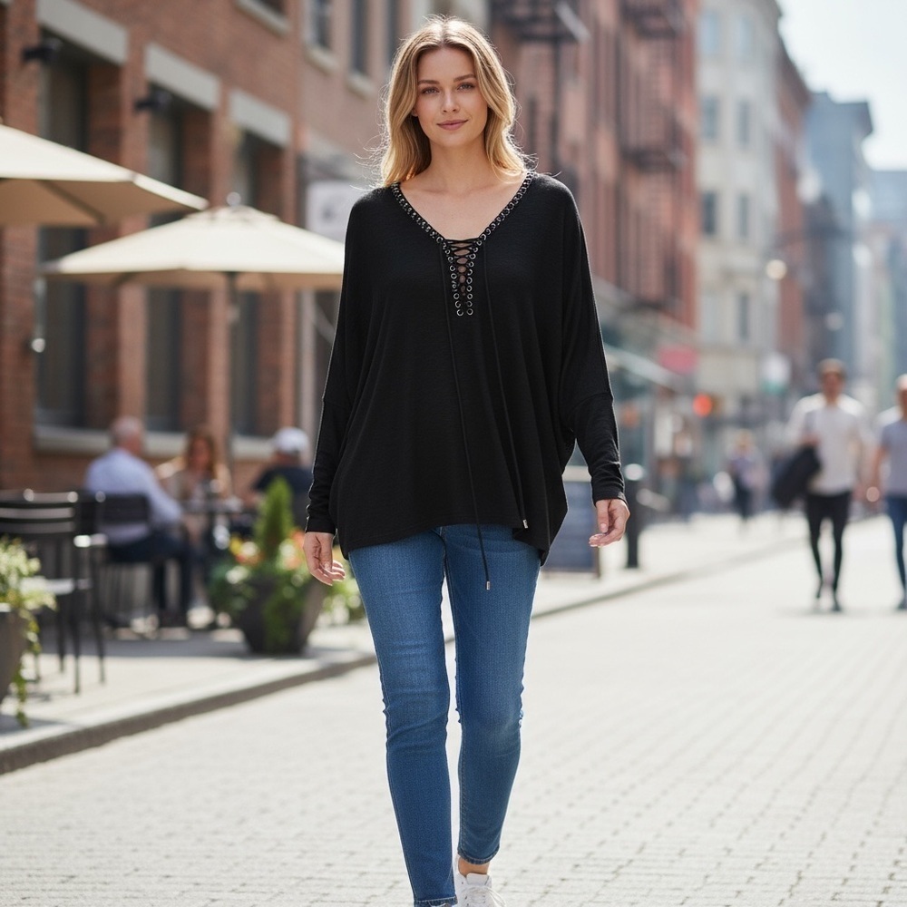 Ariella Black Long Sleeve Laced Up V Neck Top
New